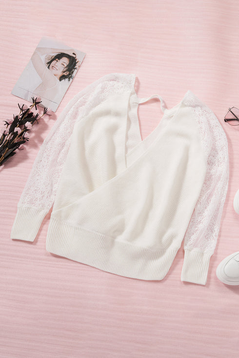 Sexy V Neck Surplice Hollow-Out Sweater With Lace Sleeves